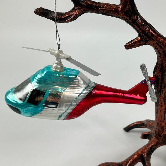 Blown Glass Helicopter Ornament Silver Red Blue with Moving Propellers 7" - Picture 1 of 5